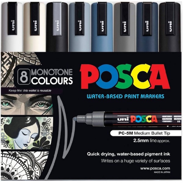 Uni POSCA PC-5M Paint Markers Monotones 8 Pack
