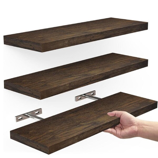 DelSol Floating Wall Shelf Set of 3 DIY Mount Wooden Book Display Rack (2 Colours) Brown