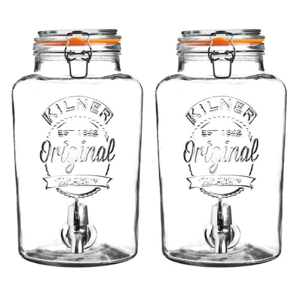 Kilner Round Clip Top Drink Dispenser with Stainless Steel Tap 5L - Set of 2