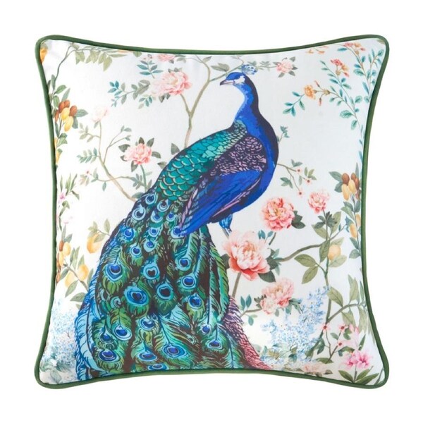 Bianca Priya White/Blue Peacock Floral Square Velvet Decor Cushion 43x43cm