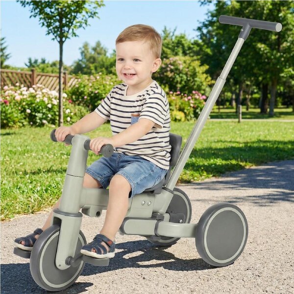 Advwin 5-in-1 Toddler Tricycle with Push Handle Foldable Kids Bike Toddler Balance Bike for Boys and Girls, Green+Grey