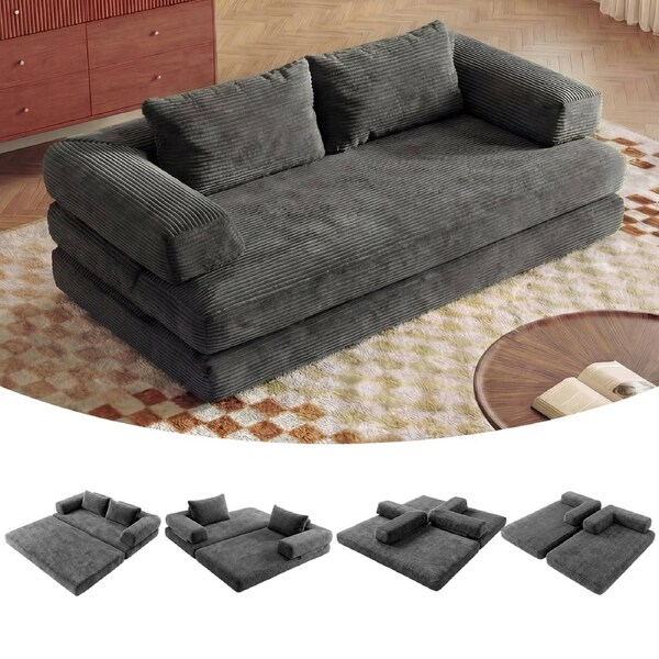 Advwin 2 Seater Folding Sofa Bed 5-in-1 Convertible Floor Loveseat Sofa Corduroy Fold Out Sleeper Couch w/ Armrests Grey