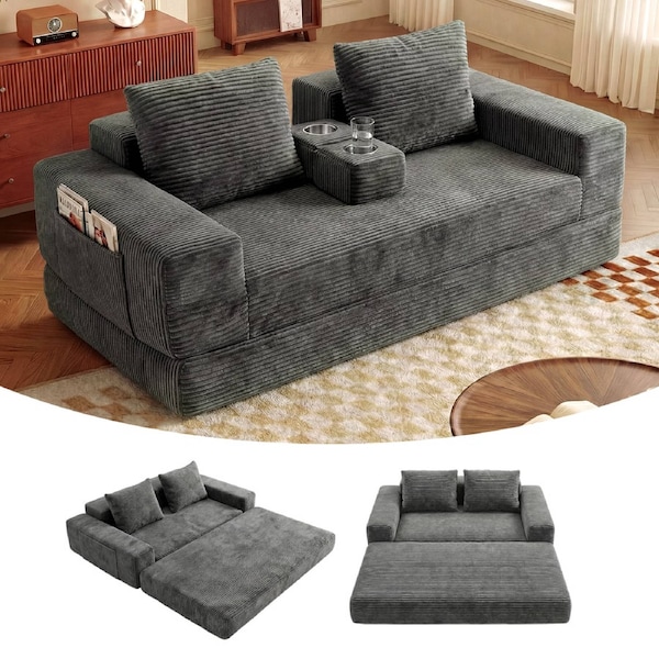 Advwin 2 Seater Folding Sofa Bed 2-in-1 Convertible Floor Loveseat Sofa Corduroy Fold Out Sleeper Couch w/ 2 Cup Holder & Side Pocket Grey