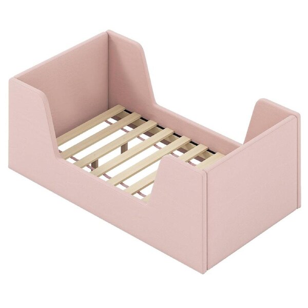 Babyjoy Pink Velvet Upholstered Floor Bed Frame w/Headboard & Rails Sturdy Wooden Slats Extra Central Support Legs Floor-Protecting Pads Platform Bed Base