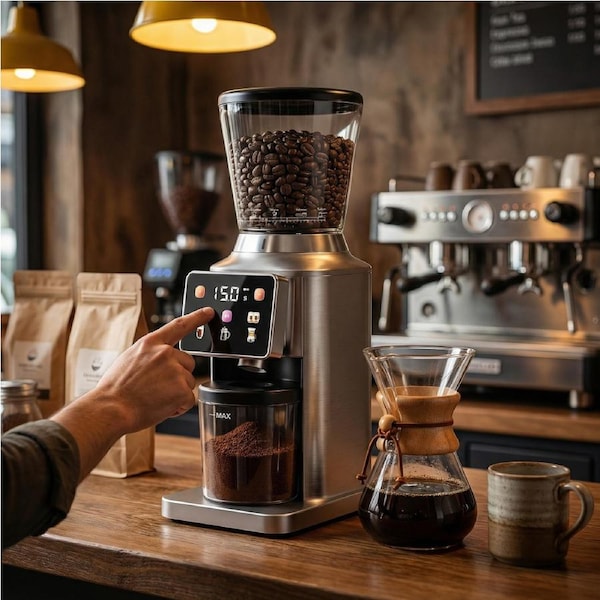 Advwin Conical Burr Coffee Grinder, Electric Coffee Grinder with 34 Grind Settings, 500rpm Slow Grind Drip Coffee Grinder, 300g Bean Hopper, 100g Ground Coffee Container