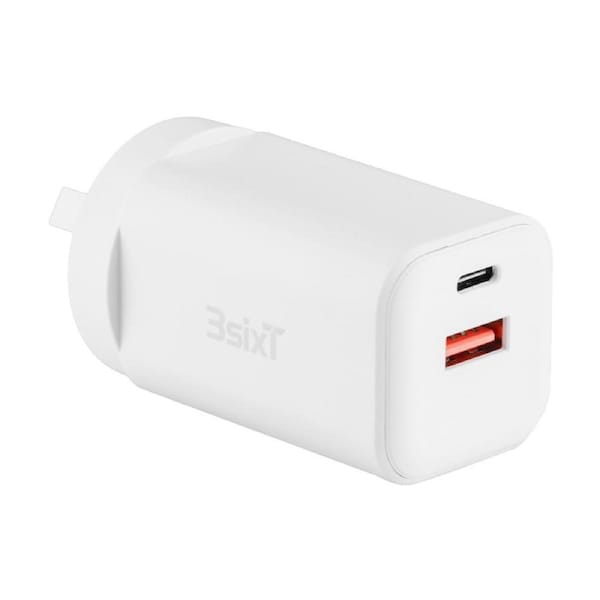 3sixT Wall Charger GaN 65W USB-C PD + 2.4A Laptop Power Supply - White