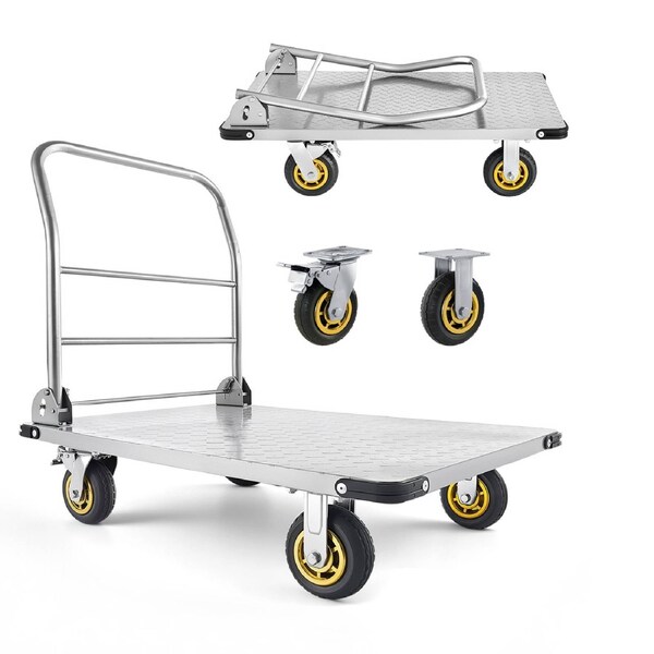 Platform Truck, 907.18 kg Capacity, Heavy Duty Steel Flatbed Cart with Swivel Wheels and Handle, Foldable Platform Hand Push Truck Dolly, for Groceries, Garage, Warehouse, 900 x 600 x 900 mm
