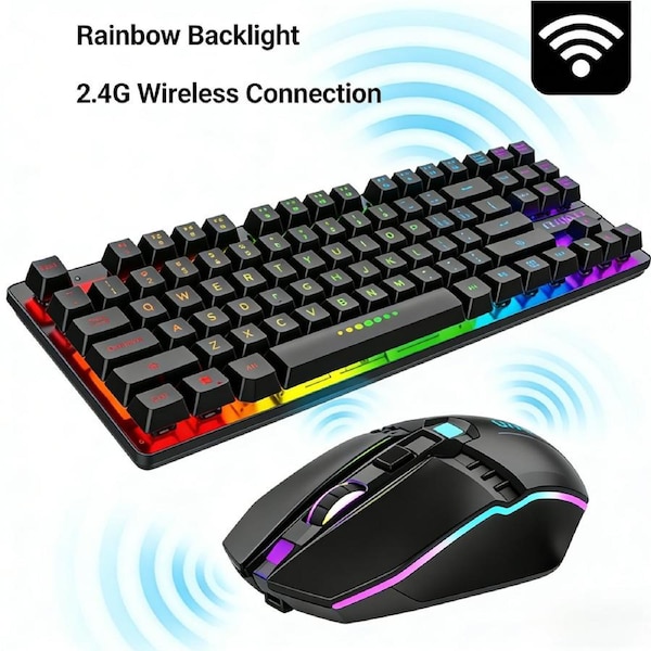 87-Key 2.4G Wireless Gaming Keyboard and Mouse Combo, Rechargeable Rainbow LED Backlit, Mechanical Feel, USB Receiver, for PC Laptop Black - VELORICA