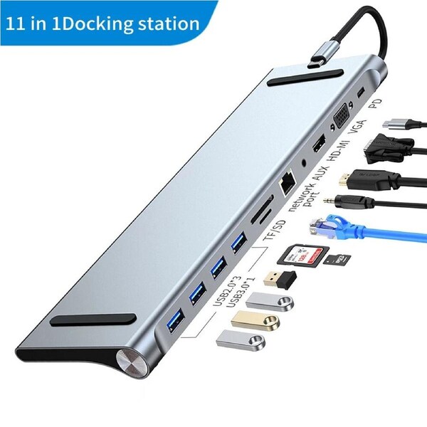 11-in-1 USB-C Hub Docking Station with HDMI 4K Output + VGA, 100W PD Charging, Ethernet, USB 3.0 & SD/TF Card Reader for PC/Laptop/Mac/NUC - VELORICA