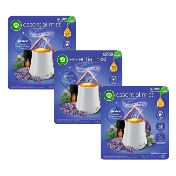 Air Wick Essential Mist Diffuser Peace Lavender Eucalyptus Sage 20mL x3
