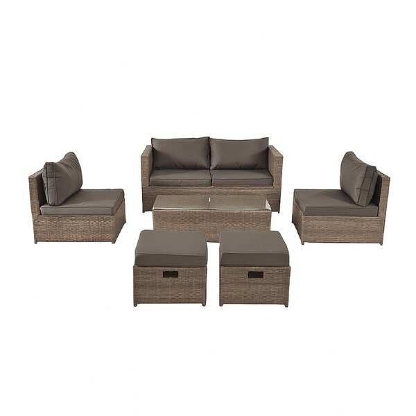 Elora 6pc Outdoor Rattan Wicker Sofa Set with Cushions Glass Table for Patio