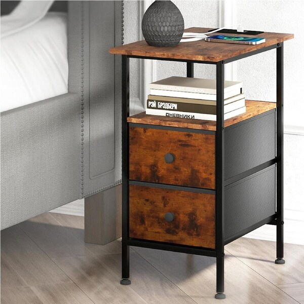 Levede Bedside Table Side Table Storage Cabinet USB Charge Table 2 Drawers Brown
