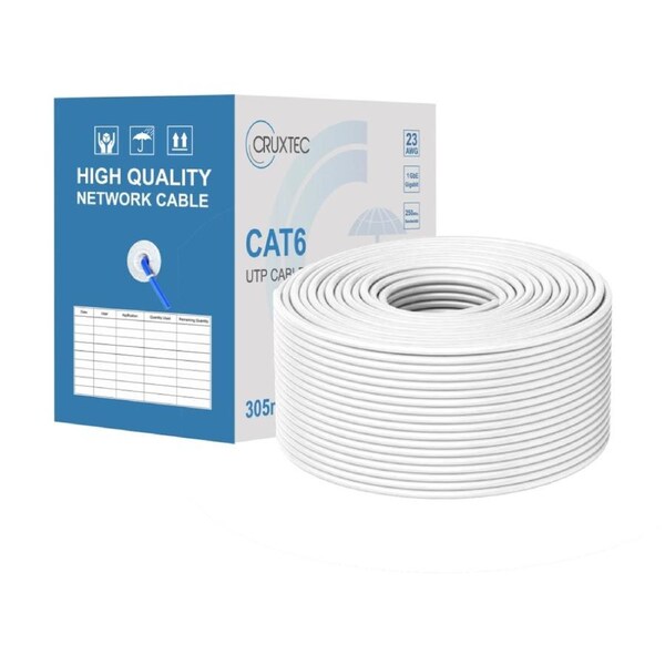Cruxtec CAT6 UTP Ethernet Cable Reel Box W/ Solid Conductor 305m White