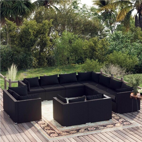11 Piece Garden Lounge Set with Cushions Black Poly Rattan vidaXL