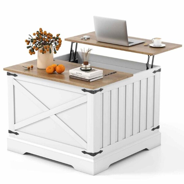 Costway 80cm Farmhouse Lift Top Coffee Table Rustic Wooden Cocktail Table Square Center Table Hidden Storage