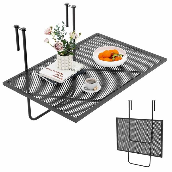 Costway Balcony Hanging Table 60.5x50.5x51cm Folding Railing Table Outdoor Space-saving Side Coffee Table Metal Plant Rack