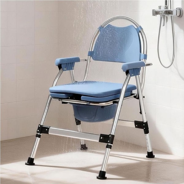 Commode Chair Bedside with Adjustable Height, 2 Buckets, 150kg Capacity - Blue