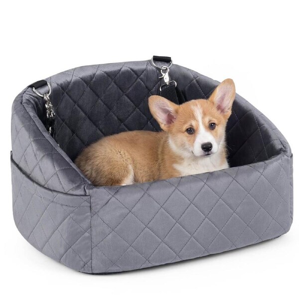 Costway Dog Car Seat Booster Seat Cover Pet Travel Bed Basket Belt Protector Washable w/Storage Pockets Grey