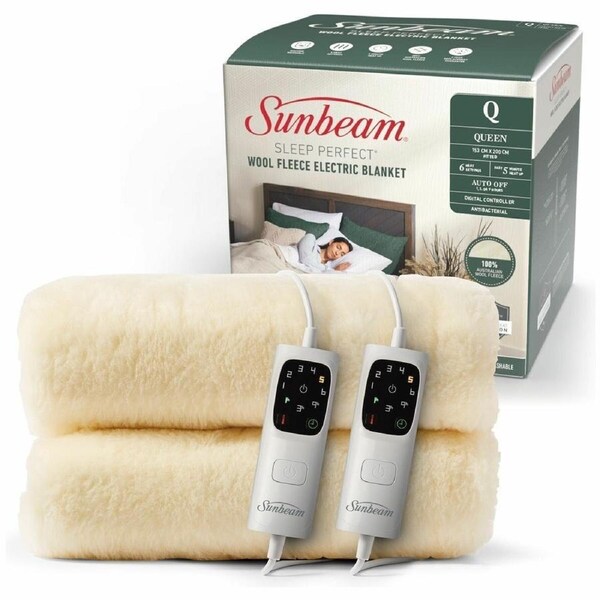 Sunbeam Sleep Perfect Wool Fleece Anti Bacterial Queen Electric Blanket