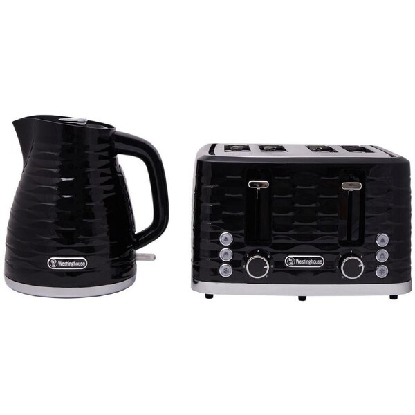 Westinghouse Kettle and Toaster Pack Black Silver 1.7L Kettle, 4 Slice Toaster