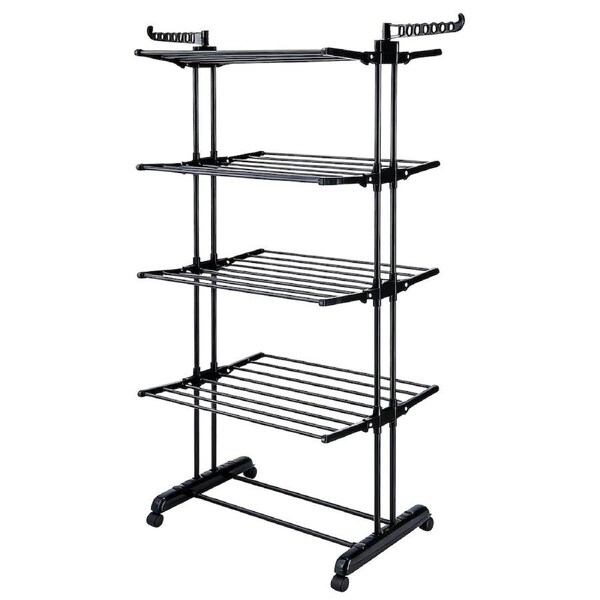 Clothes Drying Rack with Wheels Foldable Garment Laundry Horse Airer Hanger Rails Indoor 4 Tiers Support Stainless Steel Rolling Freestanding Black