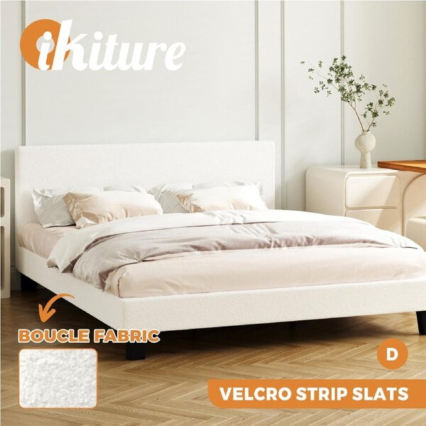 Oikiture Bed Frame Double Size Mattress Base Boucle Fabric Platform Wooden Slats