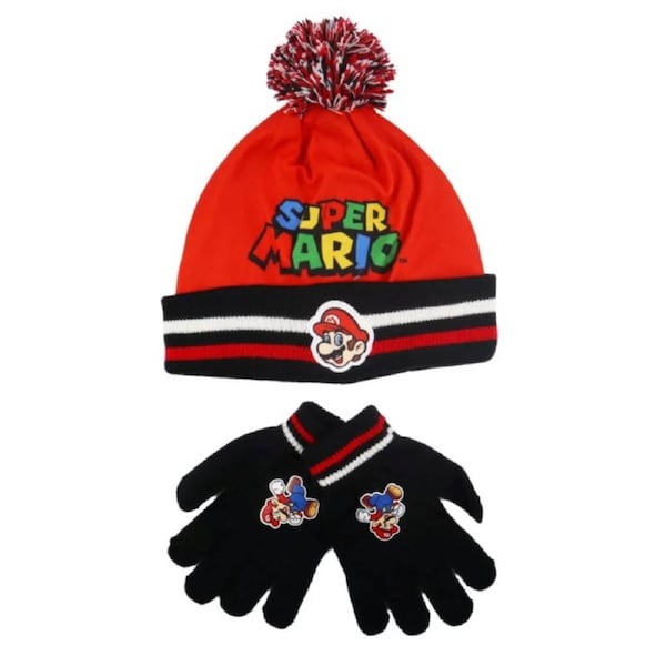 Super Mario Kids Winter Beanie Hat and Gloves Set - 54cm