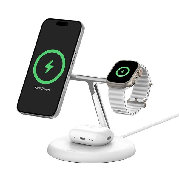 Belkin BoostCharge Pro 3-in-1 - Magentic Wireless Charging Stand with Qi2 15W - White - White [WIZ023AUWH]