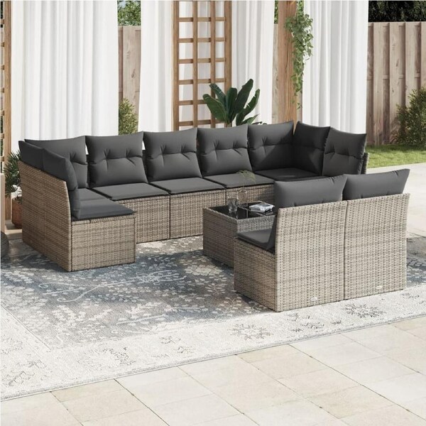 10 Piece Garden Sofa Set with Cushions Grey Poly Rattan vidaXL