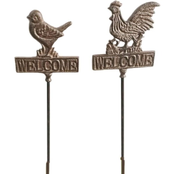 2pc Bronrob Decorative Cast Iron Bird & Rooster Welcome Stakes 93.5x93.5x0.8cm