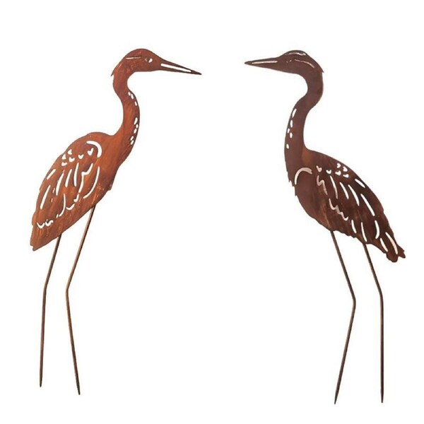Bronrob Tall & Small Rustic Heron Bird Metal Stakes Outdoor Garden Decor