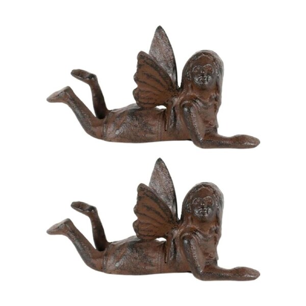 2PK Bronrob Decorative Home/Garden Cast Iron Lying Fairy Ornament 9.8x9.8x8.8cm
