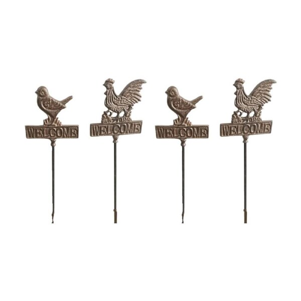 2x 2pc Bronrob Decorative Cast Iron Bird & Rooster Welcome Stakes 93.5x93.5cm