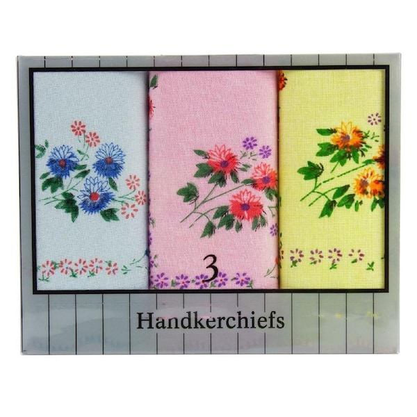 Ladies Cotton Handkerchiefs 3 Pack Assorted Colours