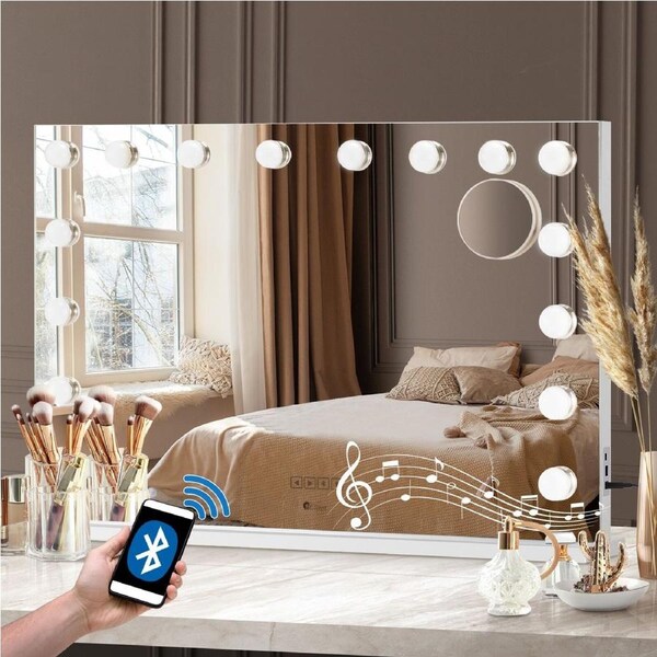 Oikiture 90x62cm Bluetooth Hollywood Makeup Mirror 16 LED 2 USD Port Light Vanity Mirrors