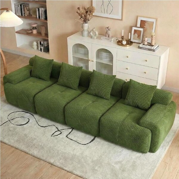 Advwin 354cm 4 Seater Sofa Corduroy Modular Foam Cloud Couch Lounge Compressed Sofa No Assembly Green