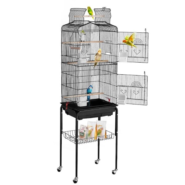 Large Bird Cage, 62 in, Open Top Parakeet Cage with Rolling Stand, Steel Bird Flight Cage with Removable Tray, Budgie Birdcage with 4 Perches, Parrot Cage for Lovebirds Cockatiels Pet Toy