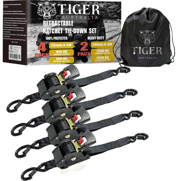 Tiger Australia 50mm x 4.5m Heavy Duty Auto Retractable Ratchet Straps 4-Pack