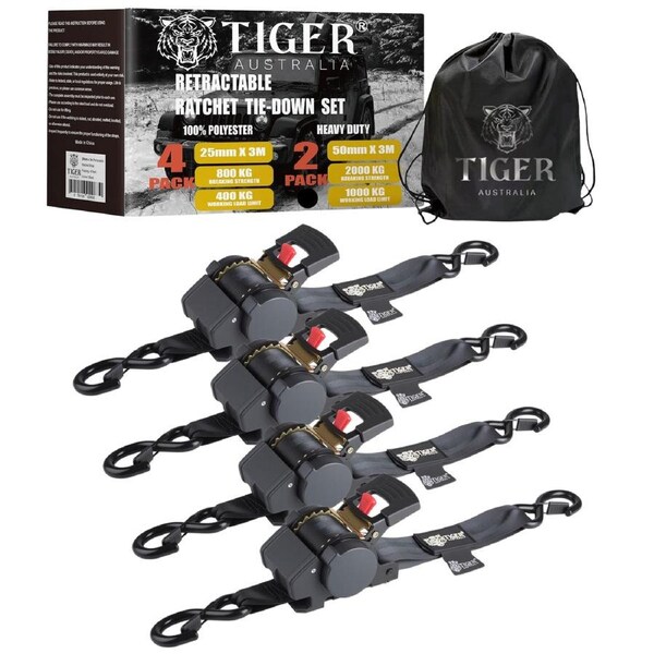 Tiger Australia 50mm × 3m New Auto Slow-Retracting Design Ratchet Straps 4-Pack