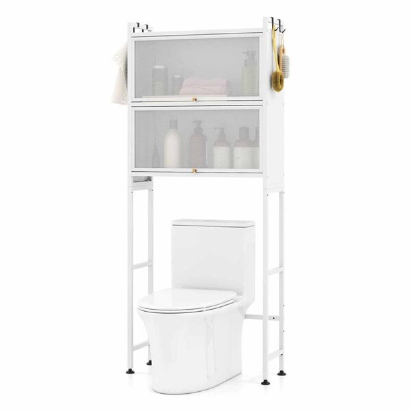 Costway 166.5cm Over Toilet Cabinet Flip-up Bathroom Storage Organizer 4 Hook Adjustable Space-saving Laundry Metal