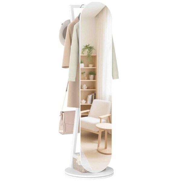 Costway 2in1 Rotating Full Length Mirror Coat Rack Stand Clothes Rod 4 Hook Bedroom Living Room Entryway Oval