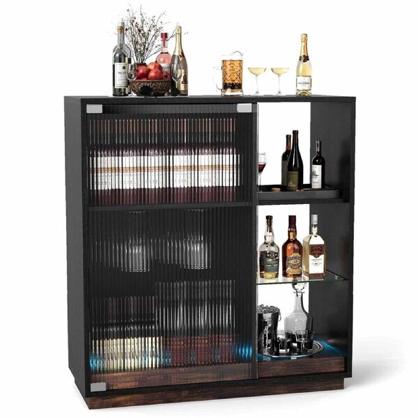Costway Buffet Sideboard LED Wine Bar Cabinet w/Lights Modern Coffee Station Kitchen Rack Tempered Glass Door & Shelf