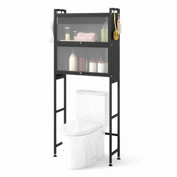 Costway Over Toilet Cabinet Flip-up Bathroom Storage Organizer 4 Hook Adjustable Space-saving Laundry Metal Black