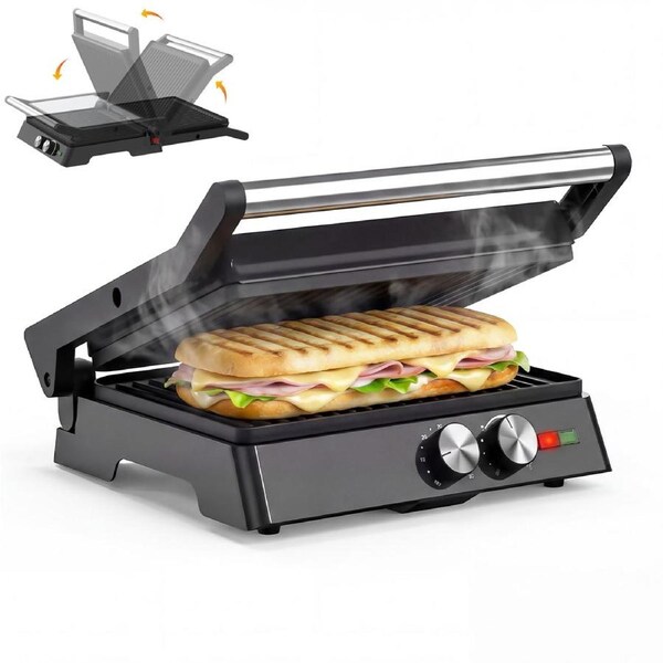 Advwin Sandwich Maker, 1800W Panini Press & Steak Grill with 180 Degrees Flat-Opening, Electric Sear Grill with Adjustable Temperature & Timer