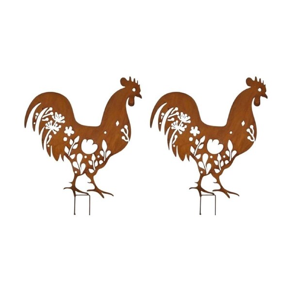 2PK Bronrob Rooster Stake Rustic Outdoor Garden Decoration 37x32cm