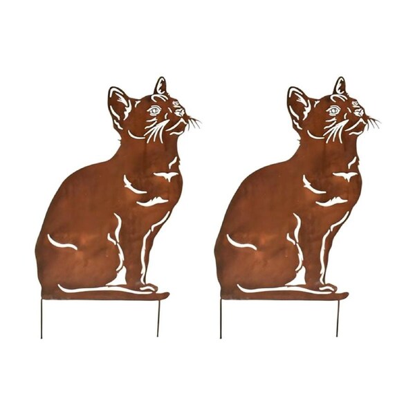 2PK Bronrob Rustic Curious Cat Stake Outdoor Garden Decoration 50x25cm
