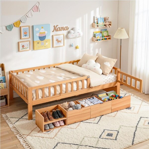 Artiss Single Bed Frame with 3 Storage Drawers Montessori Beds for Toddlers Wooden Bed Base Natural