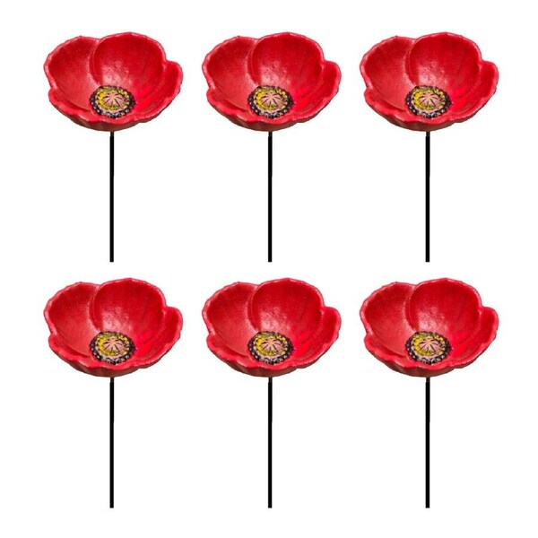 6PK Bronrob Small Cast Iron Red & Black Poppy Flower Outdoor Garden Decoration