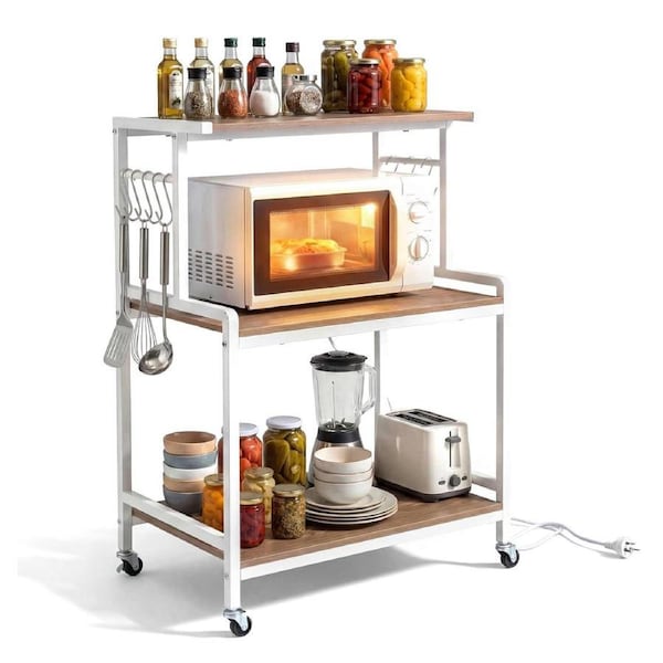 Costway 3Tier Kitchen Rolling Utility Cart w/Power Outlets Microwave Stand 10Hook Storage Shelf Coffee Bar Table