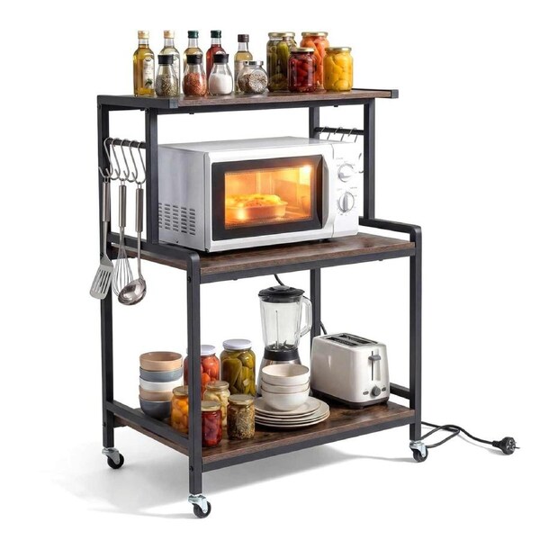 Costway 3Tier Utility Cart Bakers Rack Microwave Stand w/Power Outlets 10Hook Kitchen Shelf Coffee Bar Table Brown